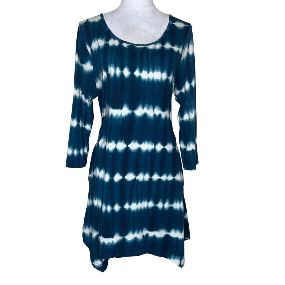 5th & Love Shibori Indigo Sharkbite Tunic Mini Dress With Pockets Sz Large - Picture 2 of 11
